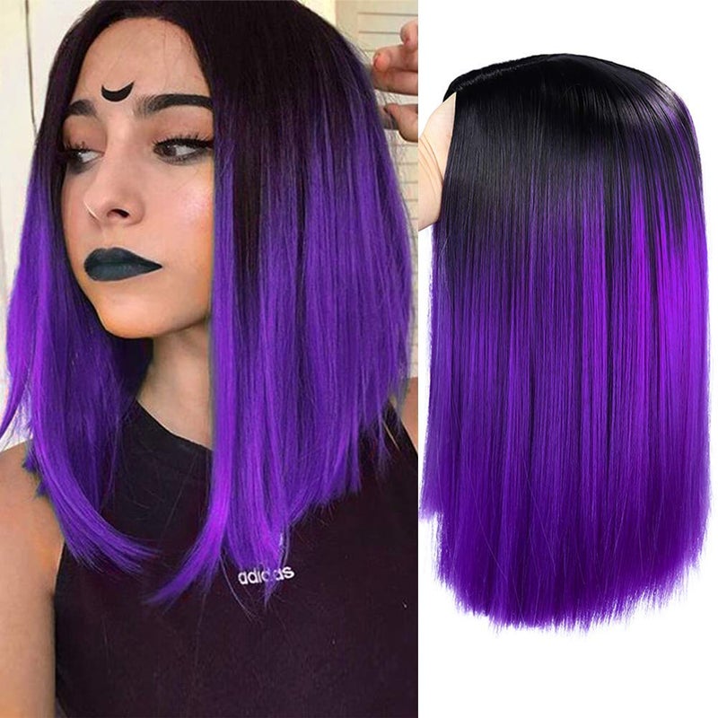 HANNE Ombre Black to Purple Wig Short Bob Wigs Shoulder Length Bob Hair Short Straight Hair Bob Wigs for Women Ombre Purple Wig Ombre Purple