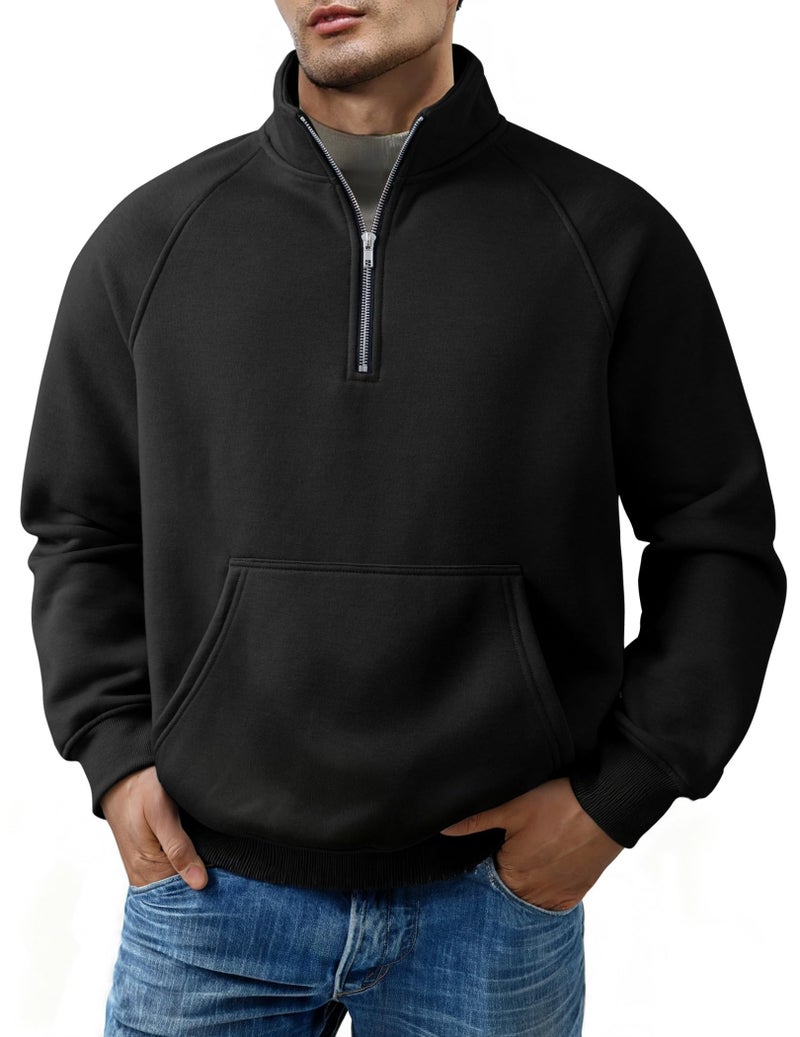 JMIERR Men's Fashion Sweatshirts Quarter-Zip Pullover Polo Hoodies Fleece Heavyweight Sweatshirt with Pockets, 2XL, Black - Image 1