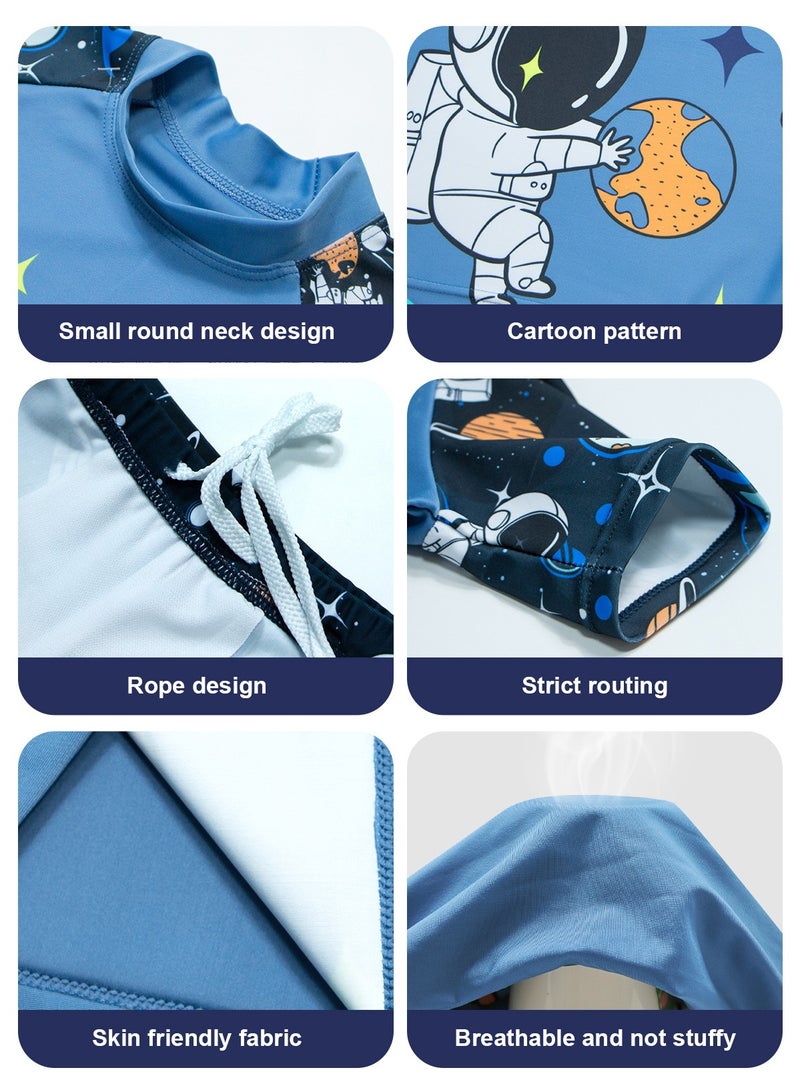 HomarKet 7 Piece Kids Swimsuit Kit with Cap Set,Swimming Goggles,Earplugs, Nose Clips and Adjustable Backpack Toddler Boys Cartoon Astronaut Print Swimwear Children Swimming Trunks Short Sleeves Clothing Beachwear Bathing Suit for Summer Blue  - Image 3