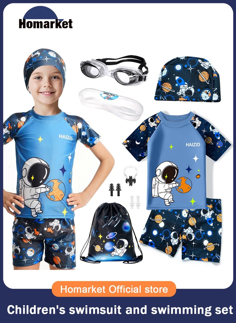 HomarKet 7 Piece Kids Swimsuit Kit with Cap Set,Swimming Goggles,Earplugs, Nose Clips and Adjustable Backpack Toddler Boys Cartoon Astronaut Print Swimwear Children Swimming Trunks Short Sleeves Clothing Beachwear Bathing Suit for Summer Blue  - Image 1