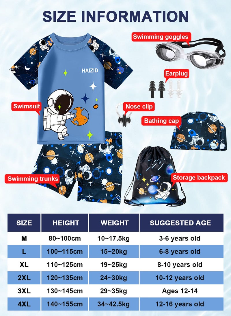 HomarKet 7 Piece Kids Swimsuit Kit with Cap Set,Swimming Goggles,Earplugs, Nose Clips and Adjustable Backpack Toddler Boys Cartoon Astronaut Print Swimwear Children Swimming Trunks Short Sleeves Clothing Beachwear Bathing Suit for Summer Blue  - Image 2