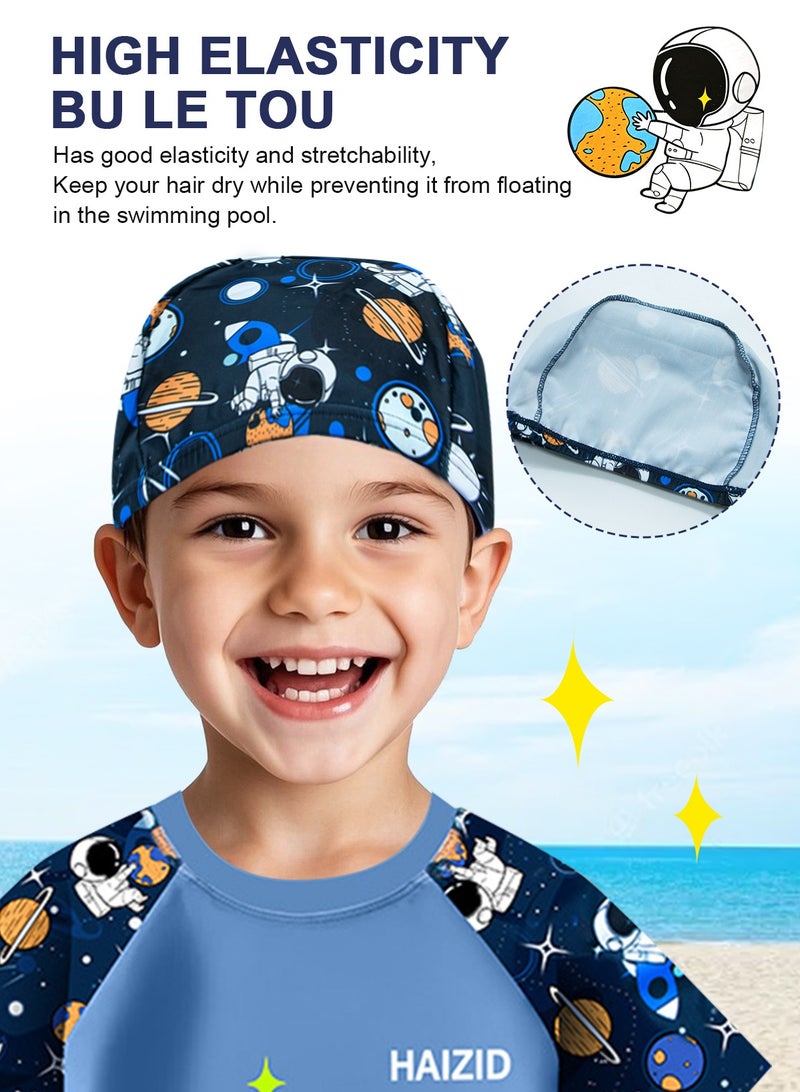 HomarKet 7 Piece Kids Swimsuit Kit with Cap Set,Swimming Goggles,Earplugs, Nose Clips and Adjustable Backpack Toddler Boys Cartoon Astronaut Print Swimwear Children Swimming Trunks Short Sleeves Clothing Beachwear Bathing Suit for Summer Blue  - Image 4