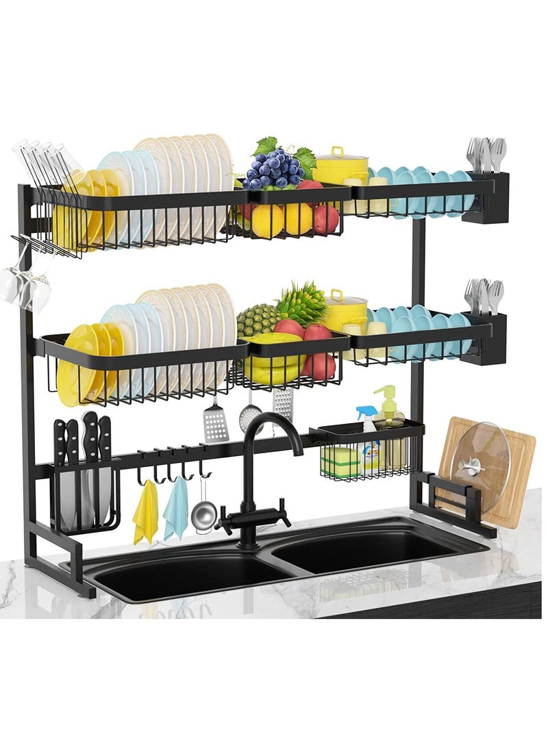 DubaiGallery 3 Layer Dish Drying Rack Over the Sink - 3 Tier Compact Kitchen Organizer and Storage Space Saver for Counter - Dish Drainer and Utensil Holder (Stainless Steel, Black Dish Rack) - Image 1