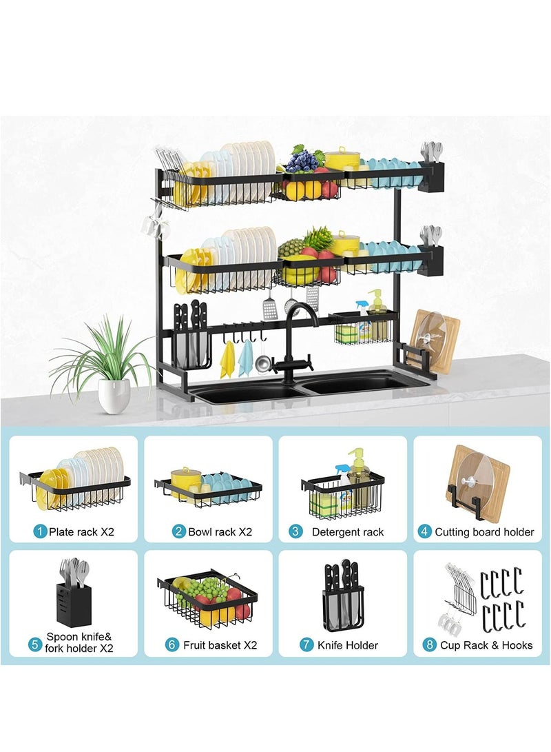 DubaiGallery 3 Layer Dish Drying Rack Over the Sink - 3 Tier Compact Kitchen Organizer and Storage Space Saver for Counter - Dish Drainer and Utensil Holder (Stainless Steel, Black Dish Rack) - Image 3