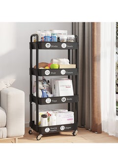 Generic 4-Tier Plastic Rolling Utility Cart with Handle, Multi-Functional Storage Trolley for Office, Living Room, Kitchen, Movable Storage Organizer with Wheels, Black  - Image 3