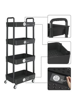 Generic 4-Tier Plastic Rolling Utility Cart with Handle, Multi-Functional Storage Trolley for Office, Living Room, Kitchen, Movable Storage Organizer with Wheels, Black  - Image 2