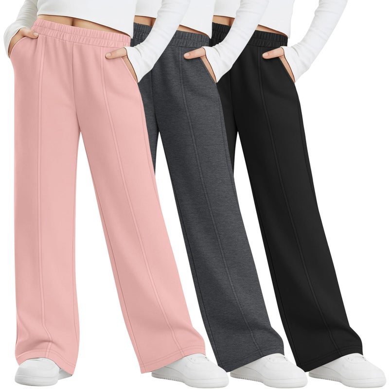 LessonZoo 3 Pack Girls Sweatpants Teen Front Seam Straight Leg Pants Kids Open Bottom Wide Leg Loose Joggers with Pockets(Light Pink, Dark Gray, Black,7-8 Years) - Image 1