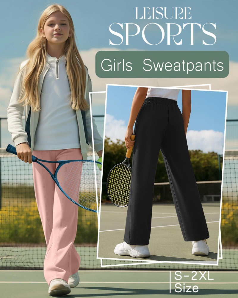 LessonZoo 3 Pack Girls Sweatpants Teen Front Seam Straight Leg Pants Kids Open Bottom Wide Leg Loose Joggers with Pockets(Light Pink, Dark Gray, Black,7-8 Years) - Image 3
