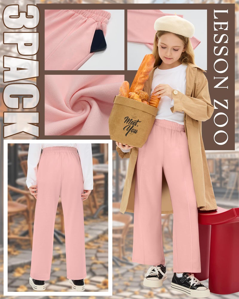 LessonZoo 3 Pack Girls Sweatpants Teen Front Seam Straight Leg Pants Kids Open Bottom Wide Leg Loose Joggers with Pockets(Light Pink, Dark Gray, Black,7-8 Years) - Image 5