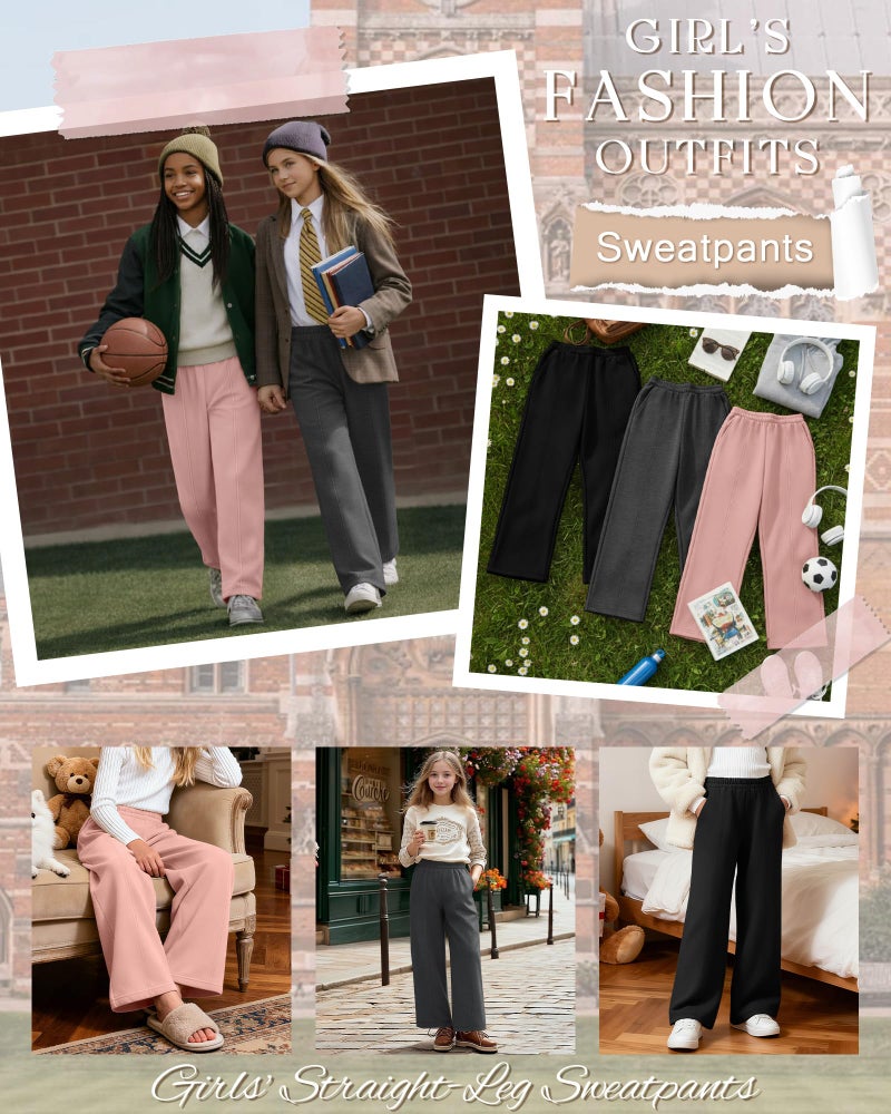 LessonZoo 3 Pack Girls Sweatpants Teen Front Seam Straight Leg Pants Kids Open Bottom Wide Leg Loose Joggers with Pockets(Light Pink, Dark Gray, Black,7-8 Years) - Image 4