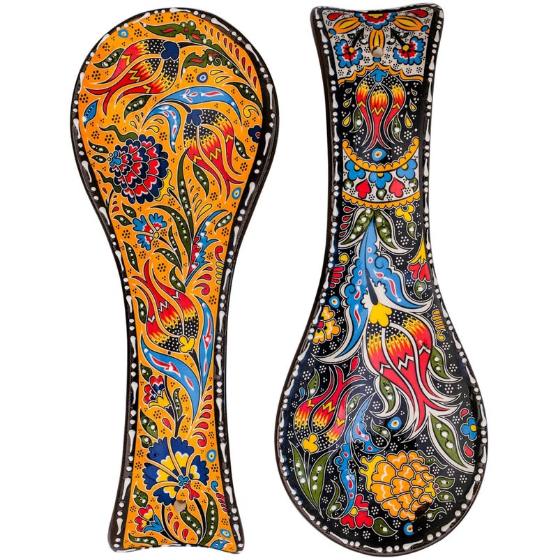 BCS Spoon Rest Set of 2  Ceramic Spoon Holder for Stovetop  Kitchen Counter  Dishwasher Safe Handmade Kitchen Utensil YellowBlack 35 W x 9 L