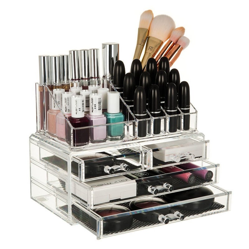 WOX MOX WOX MOX 4 Drawer Plastic Cosmetic Makeup Jewelry Lipstick Storage Organizer Box Case, 22.5L x 13.8B x 18H cm, Transparent  - Image 1