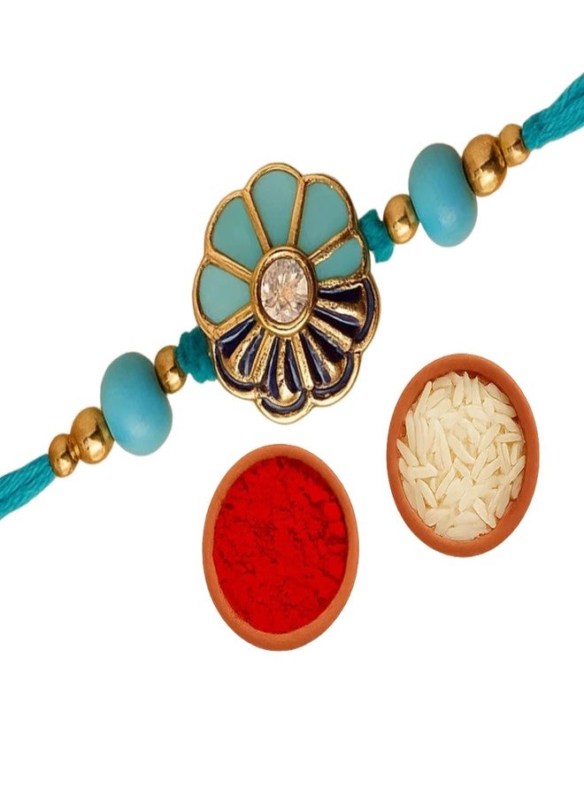 Sage Square Rakhi for Brother, Bhai with Roli Chawal | Raksha Bandhan | Designer Beads, Stones, Decorative Work | Stylish Handcrafted Rakhi Gifting for Sibling Festival Celebration (Type 32) - Image 1