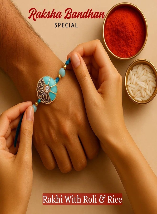 Sage Square Rakhi for Brother, Bhai with Roli Chawal | Raksha Bandhan | Designer Beads, Stones, Decorative Work | Stylish Handcrafted Rakhi Gifting for Sibling Festival Celebration (Type 32) - Image 3