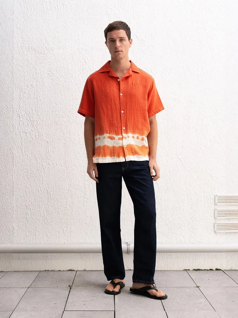 Giesto Brick Red GIESTO Tie-Dye Short Sleeve Shirt with Button Closure for Men | Best Price UAE