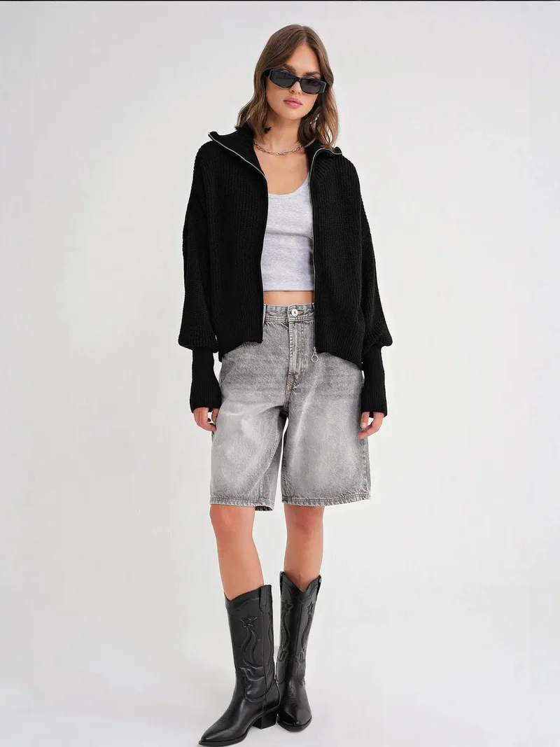 MixRay Mixray Zipped Collar Oversize Textured Knit Cardigan