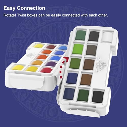 PHOENIX Twist Travel Watercolor Paint Set - 36 Colors Half Pan Palette Portable Watercolor Travel Kit with Brush, Sponge, Bottle for Adults, Artists & Professionals - Image 5
