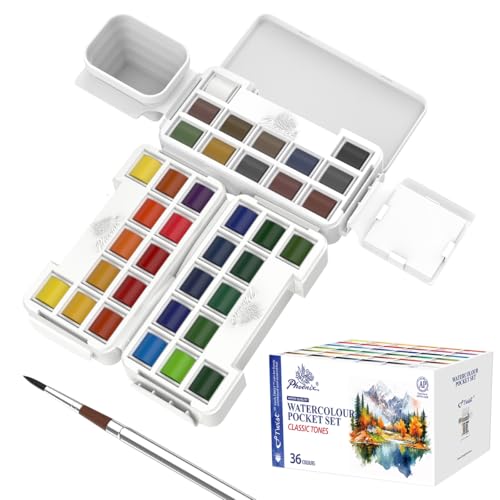 PHOENIX Twist Travel Watercolor Paint Set - 36 Colors Half Pan Palette Portable Watercolor Travel Kit with Brush, Sponge, Bottle for Adults, Artists & Professionals - Image 1