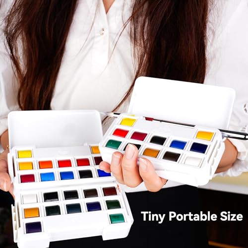 PHOENIX Twist Travel Watercolor Paint Set - 36 Colors Half Pan Palette Portable Watercolor Travel Kit with Brush, Sponge, Bottle for Adults, Artists & Professionals - Image 3