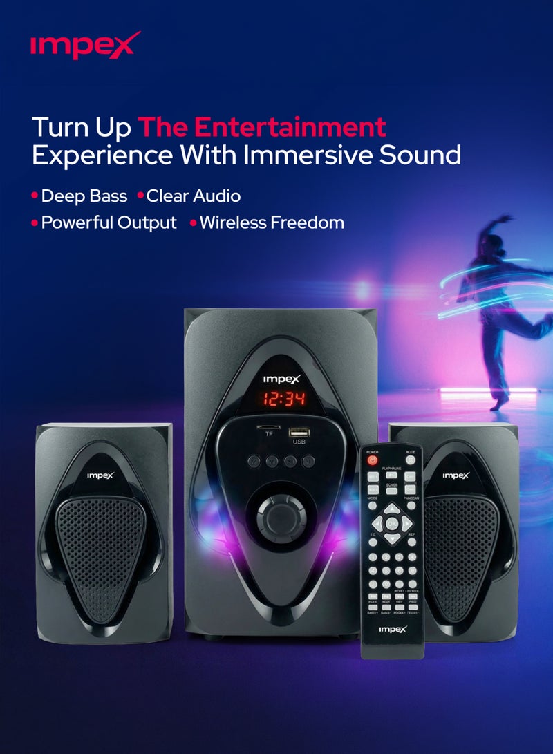 Impex Micro R1 2.1 Channel Multimedia Speaker System With 2000 W PMPO RMS Power, 4-inch Subwoofer, Bluetooth, USB, AUX, FM/MP3/TF, Remote Control, And LED Display HT 2115 Black - Image 2
