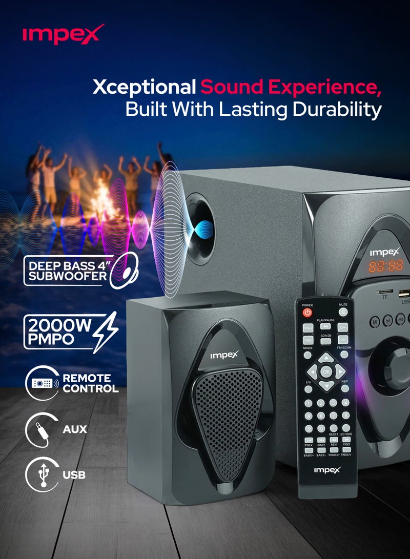 Impex Micro R1 2.1 Channel Multimedia Speaker System With 2000 W PMPO RMS Power, 4-inch Subwoofer, Bluetooth, USB, AUX, FM/MP3/TF, Remote Control, And LED Display HT 2115 Black - Image 3