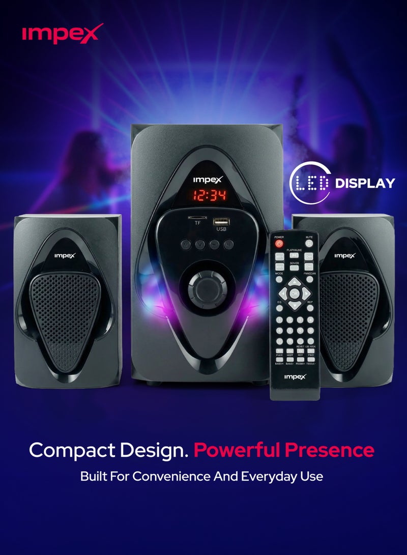 Impex Micro R1 2.1 Channel Multimedia Speaker System With 2000 W PMPO RMS Power, 4-inch Subwoofer, Bluetooth, USB, AUX, FM/MP3/TF, Remote Control, And LED Display HT 2115 Black - Image 4