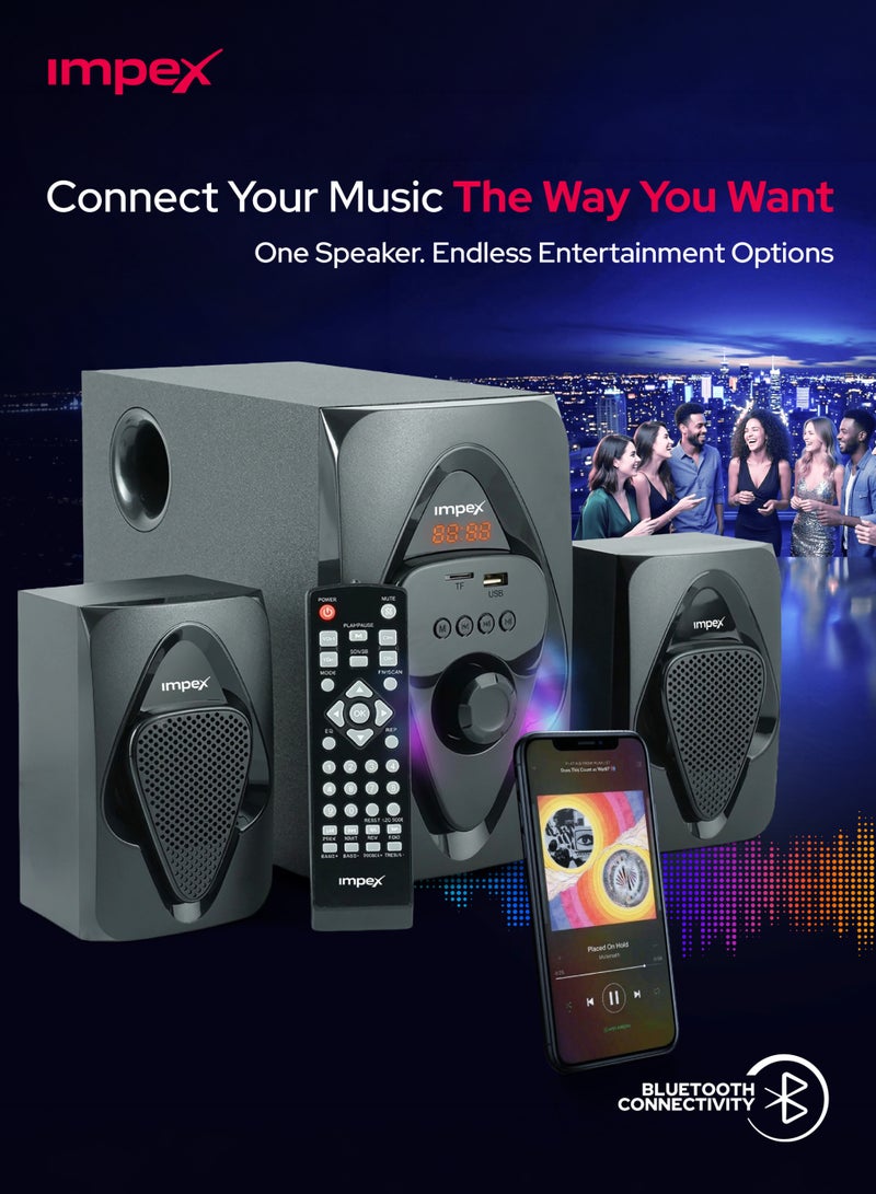 Impex Micro R1 2.1 Channel Multimedia Speaker System With 2000 W PMPO RMS Power, 4-inch Subwoofer, Bluetooth, USB, AUX, FM/MP3/TF, Remote Control, And LED Display HT 2115 Black - Image 5