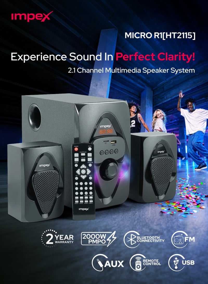 Impex Micro R1 2.1 Channel Multimedia Speaker System With 2000 W PMPO RMS Power, 4-inch Subwoofer, Bluetooth, USB, AUX, FM/MP3/TF, Remote Control, And LED Display HT 2115 Black - Image 1