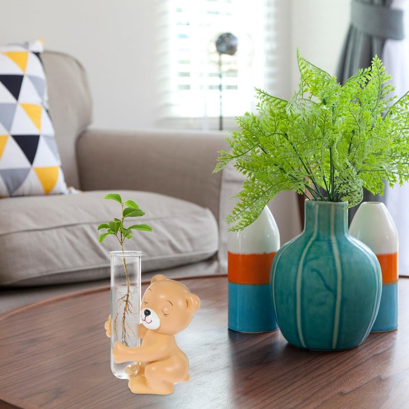 Small Glass Vase with Bear Statue and Test Tube for Hydroponic Flowers Home Decor - Image 5