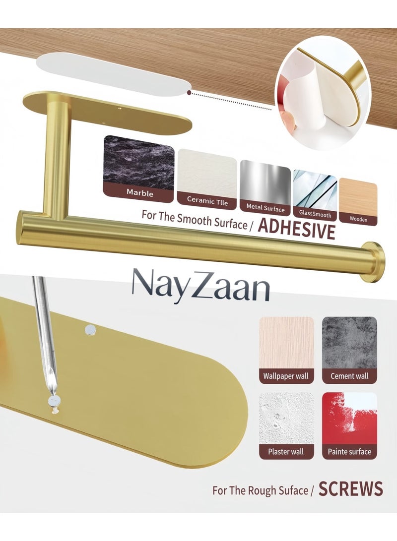 NayZaan Adhesive Paper Towel Holder Under Cabinet Wall Mount for Kitchen Paper Towel, Paper Towel Roll Holder Stick to Wall, Stainless Steel (Gold) - Image 4