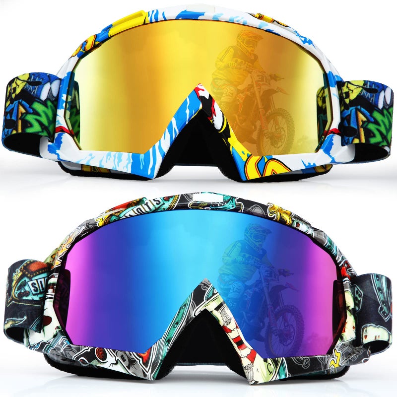 Fiada 2 Pcs ATV Goggles for Adults Dirt Bike Goggles Anti Fog Motorcycle Ski Motocross Glasses for Men Women Riding Racing Classic