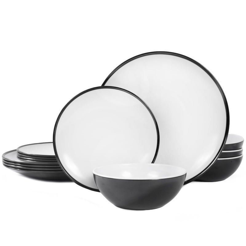 Webbylee Melamine Plates Set of 4 -12-Piece Serving Dinnerware for Indoor/Outdoor Use, Durable Dishwasher-Safe Plates,White and Black - Image 1