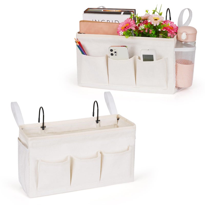 Lilithye Bedside Caddy Organizer with Fixed Straps and Water Bottle Holder for Home College Dorm Hospital Crib and Bunk Bed 2pcs White