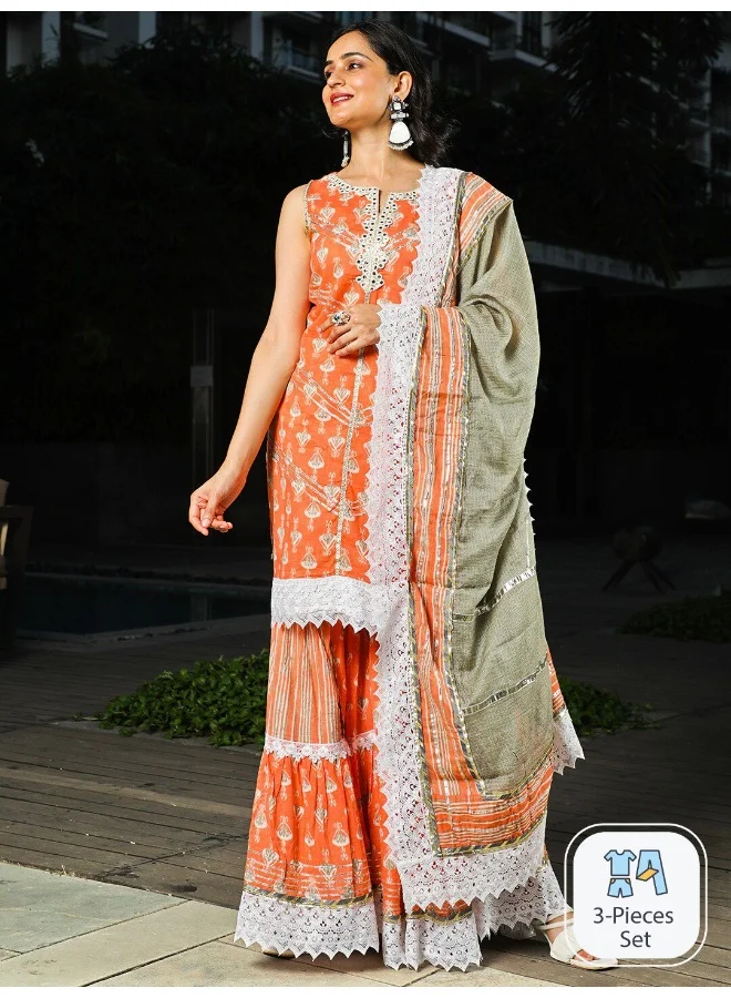 AKS AKS Couture Ethnic Motifs Printed Sleeveless Mirror Work Cotton Kurta Set With Dupatta