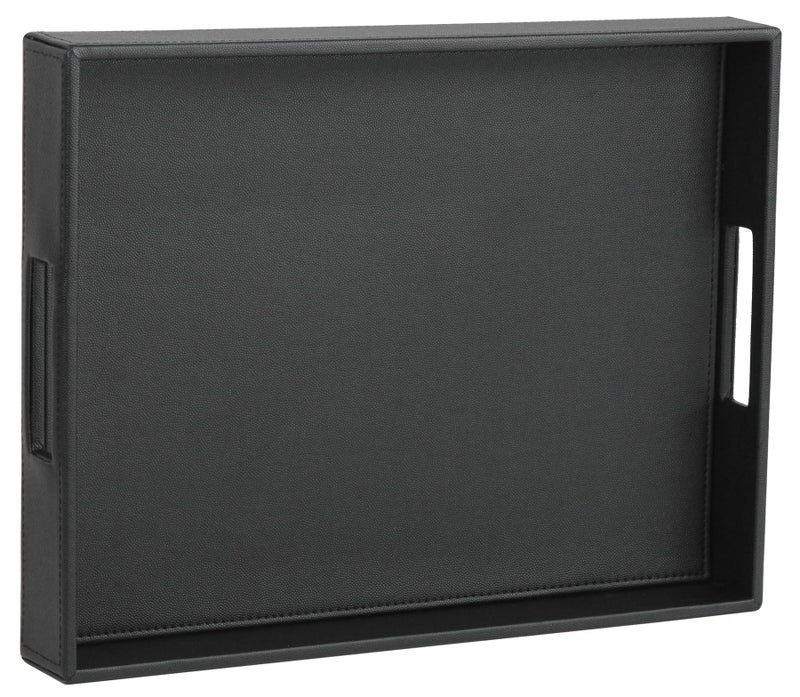HofferRuffer Rectangle Serving Tray with Hole Handles for Coffee Table Breakfast Tea Food Butler Countertop Kitchen Vanity Serve Tray 162 x 122 x 2 inches Faux Leather Tray Black