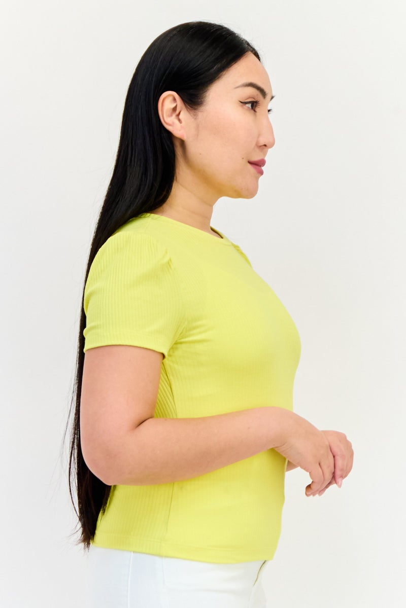 ONLY Women Crew Neck Short Sleeve Ribbed Top, Lime Yellow - Image 2