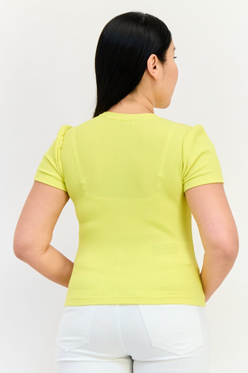 ONLY Women Crew Neck Short Sleeve Ribbed Top, Lime Yellow - Image 3