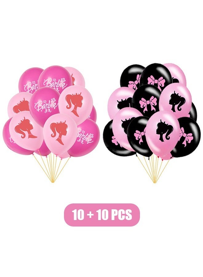 20 Pcs Barbie Doll Party Balloons, Eco Friendly Latex Material Balloons Garland Arch Kit, Birthday Party Decorations Balloons for Girl (Pink+Black) - Image 1