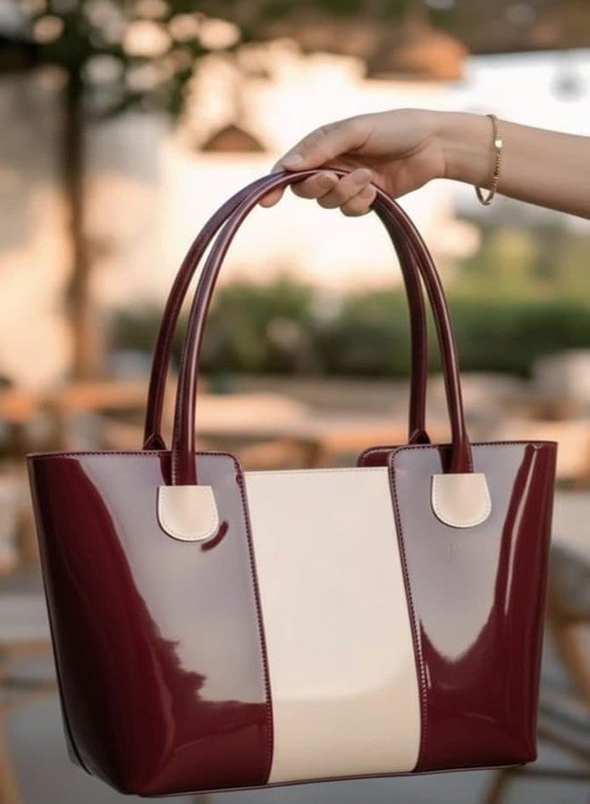 HaveGlam Premium Glossy Tote Handbag for Women | Stylish Office & Casual Shoulder Bag | Spacious PU Leather Work Purse | Elegant Two-Tone Shopping Handbag - Image 4