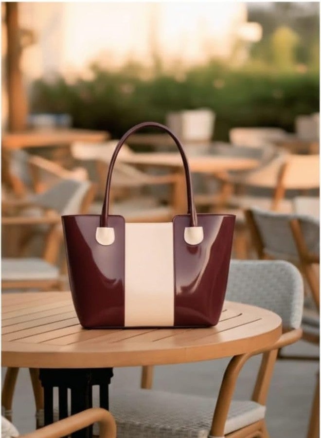 HaveGlam Premium Glossy Tote Handbag for Women | Stylish Office & Casual Shoulder Bag | Spacious PU Leather Work Purse | Elegant Two-Tone Shopping Handbag - Image 5