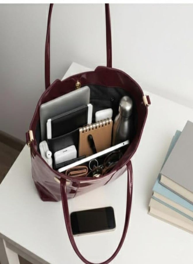 HaveGlam Premium Glossy Tote Handbag for Women | Stylish Office & Casual Shoulder Bag | Spacious PU Leather Work Purse | Elegant Two-Tone Shopping Handbag - Image 3