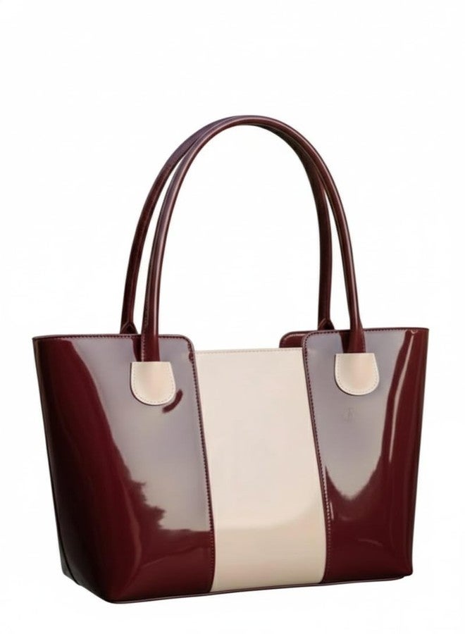 HaveGlam Premium Glossy Tote Handbag for Women | Stylish Office & Casual Shoulder Bag | Spacious PU Leather Work Purse | Elegant Two-Tone Shopping Handbag - Image 2