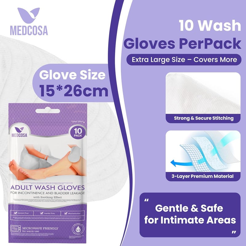 Medcosa مناديل استحمام للبالغين - مناديل جسم قابلة للتخلص منها على شكل قفاز - بدون رائحة، مناديل مبللة مسبقة الترطيب - عبوة 5 (50 قطعة من مناديل الاستحمام) - Image 5