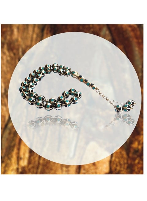 Silver rosary of praise and supplication made of yusr and turquoise  with a harmonious and unique design.
