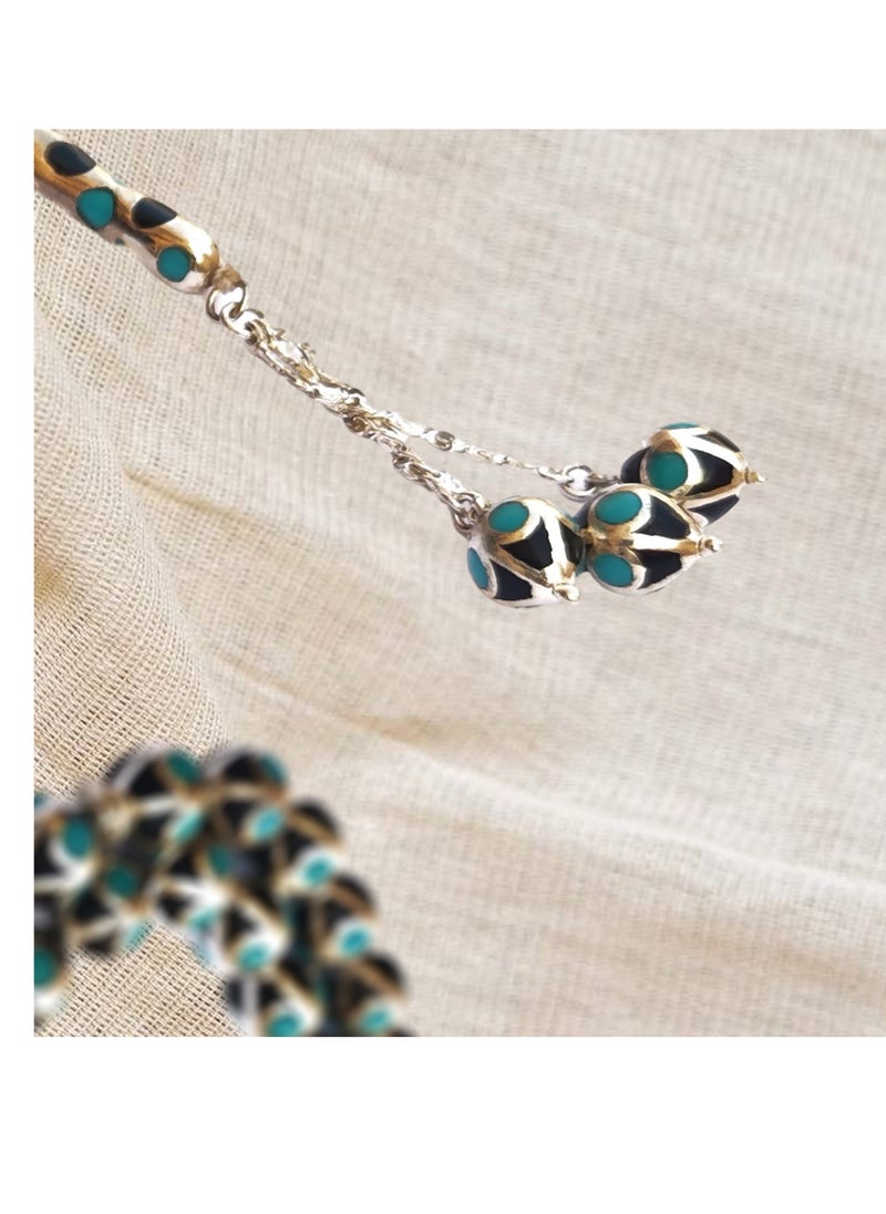 Silver rosary of praise and supplication made of yusr and turquoise  with a harmonious and unique design.