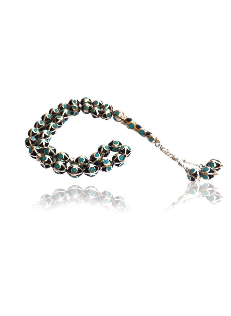 Silver rosary of praise and supplication made of yusr and turquoise  with a harmonious and unique design.