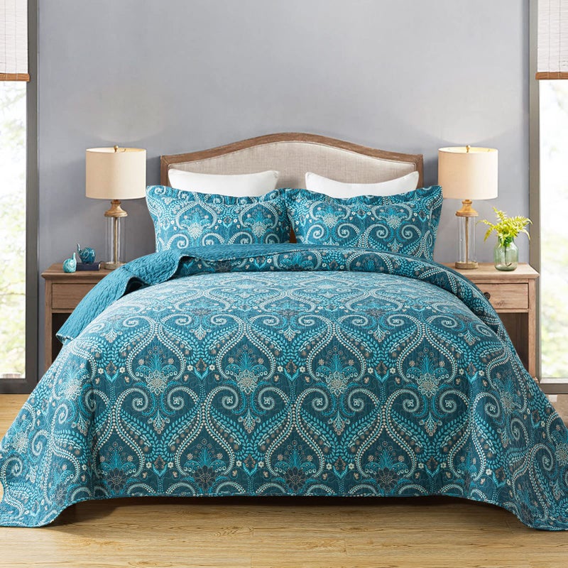 Travan 3Piece Cotton Quilt Set Quilted Bedding Set for All Season Cyan Blue Flower King Size