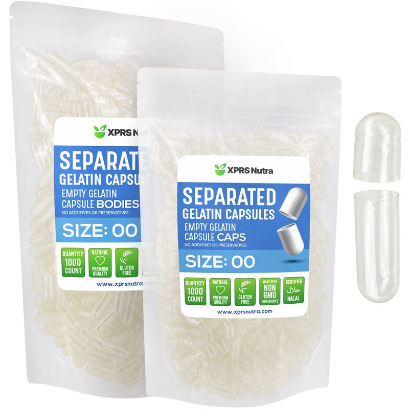 XPRS Nutra Gelatin Size 00 Separated Capsules - 1000 Count Gelatin Empty Capsules Separated in Bags - Separated Empty 00 Capsules - Pill Capsules DIY - Image 1