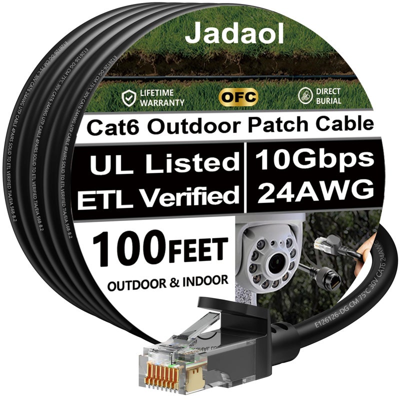 Jadaol Cat 6 Outdoor Ethernet Cable 100 ft (30.48m), Support Cat8/7 Network, 10Gbps 550MHz, 24AWG Pure Copper, Direct Burial Waterproof In-Ground UV Resistant LAN Patch Cable for Router, Modem, Switch, Black - Image 1