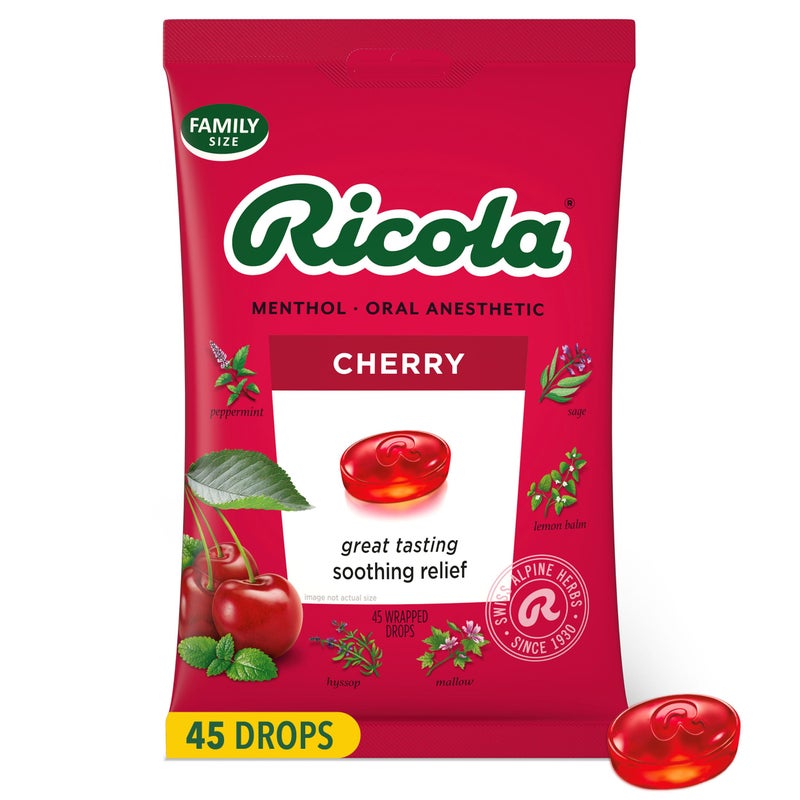 Ricola Cherry Throat Drops, 45 Count, Daily Drops For Delicious Throat Refreshment, Oral Anesthetic, Naturally Flavored - Image 1